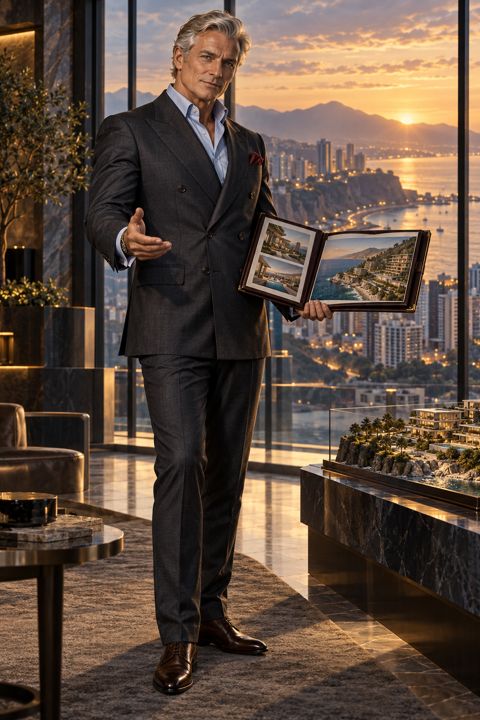 Julian Castell in a charcoal double-breasted suit presenting resort renderings in a sales gallery