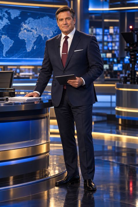 Ethan Murray in a navy suit and burgundy tie in a television news studio