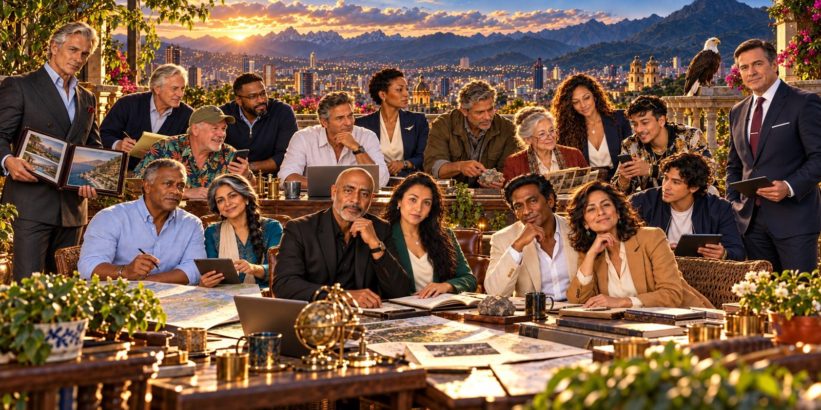 The full Sovereo cast, including Julian Castell and Ethan Murray, gathered around a long table of maps on a terrace at sunset, a bald eagle perched behind them